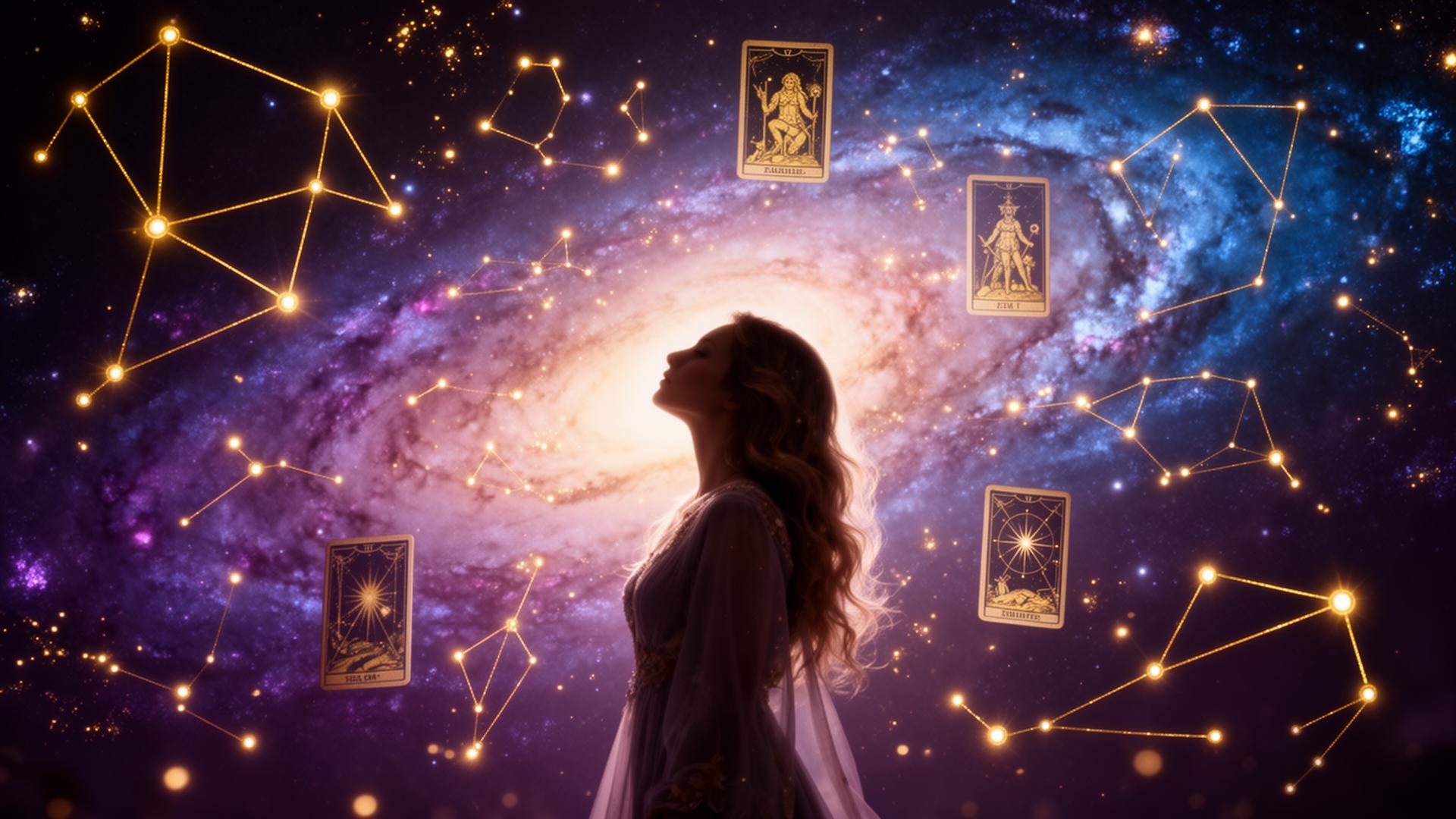 Valentina rodeada de constelaciones y galaxia cósmica